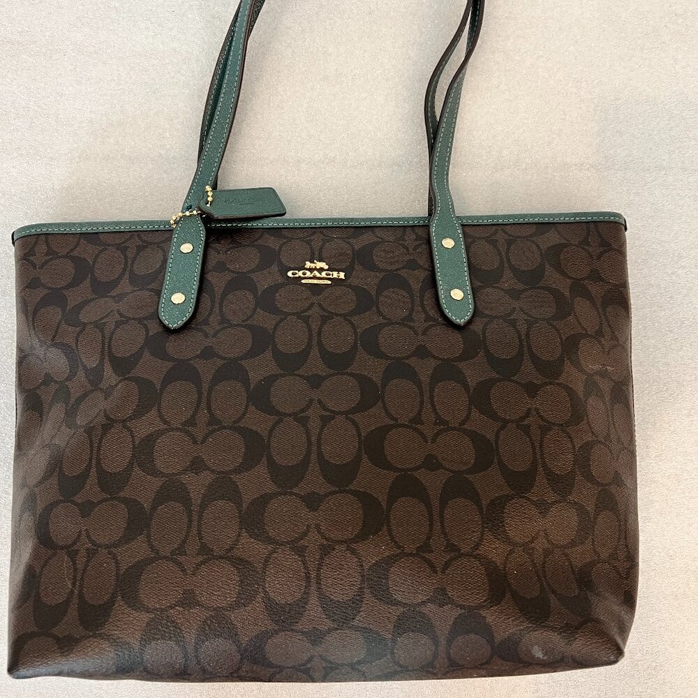 Coach Brown Signature Canvas and Leather Needlepoint Shopper Tote